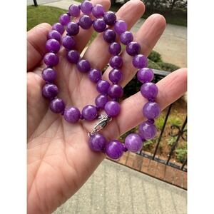 Natural Purple Jade Round Beads 18" Necklace Double Knotted Silver 925 Clasp